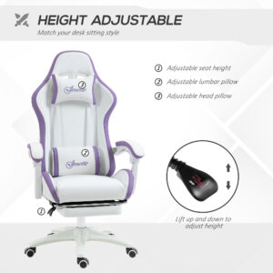 Computer Gaming Chair, PU Leather Desk Chair with Footrest, Swivel Task Chair with 135° Reclining Back and Lumbar Support, PC Chair for Adults, White and Purple