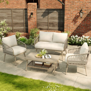 4 Seater Garden Set with Plastic Wood Storage Coffee Table