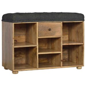 Solid Wood Upholstered Black Tweed 1 Drawer Bench