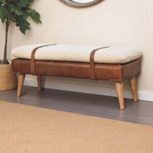 Solid Wood Upholstered Bouclé Buffalo Hide Leather Bench, Beige
