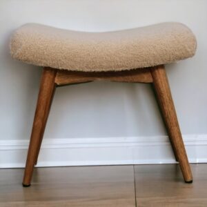 Solid Wood Boucle Cream Curved Bench, Upholstered, Cream
